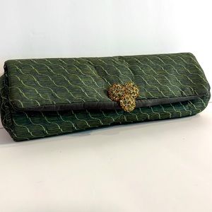 Green & pewter silk handmade purse with vintage broach detailing